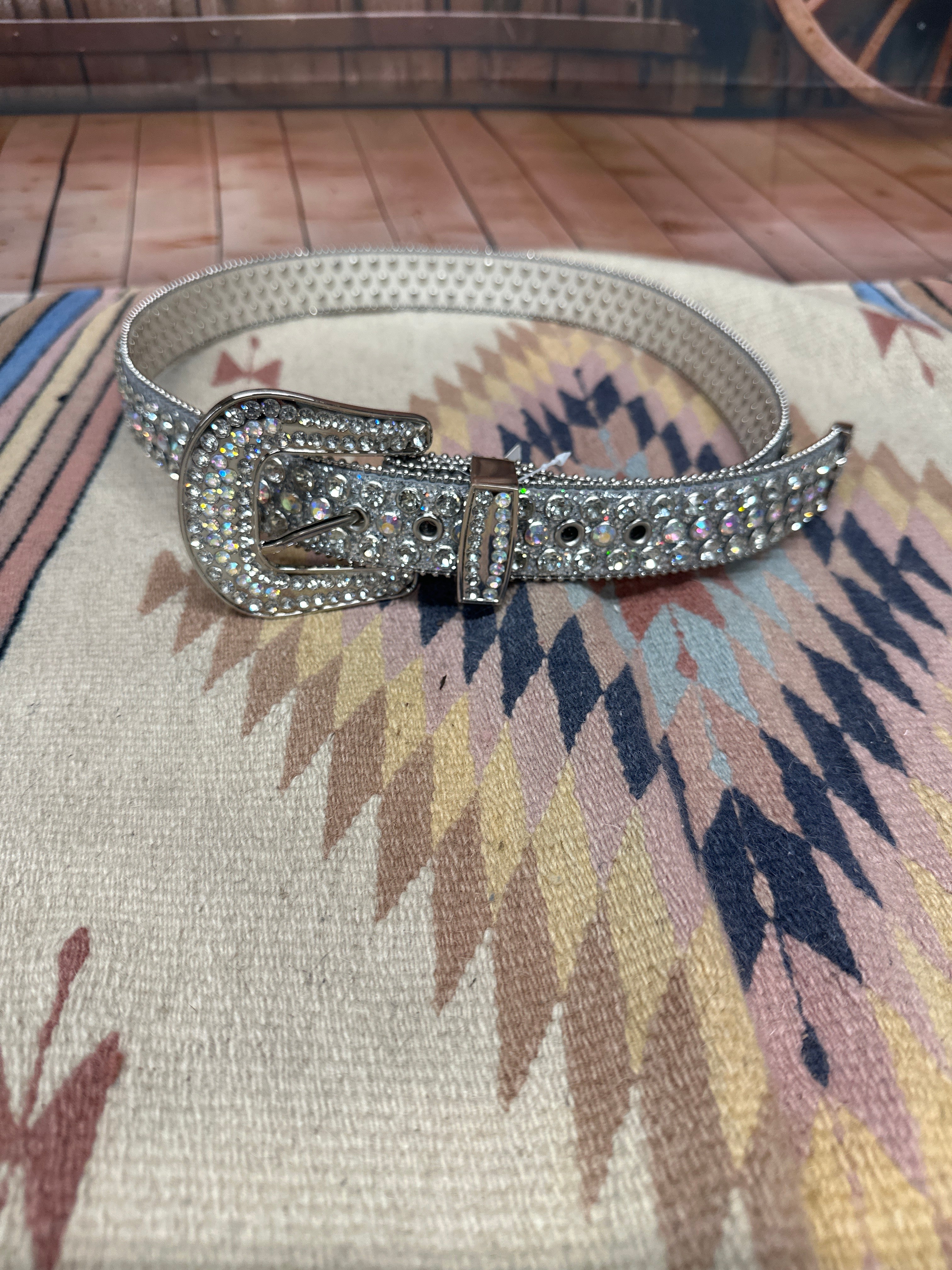 Womens Clear studded bling belt with a western style Silver buckle.