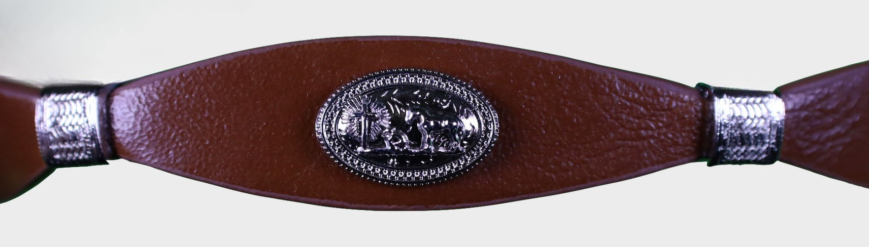 Brown leather hat band with Praying Cowboy Conchos and a western style buckle. Close up view of conchos.