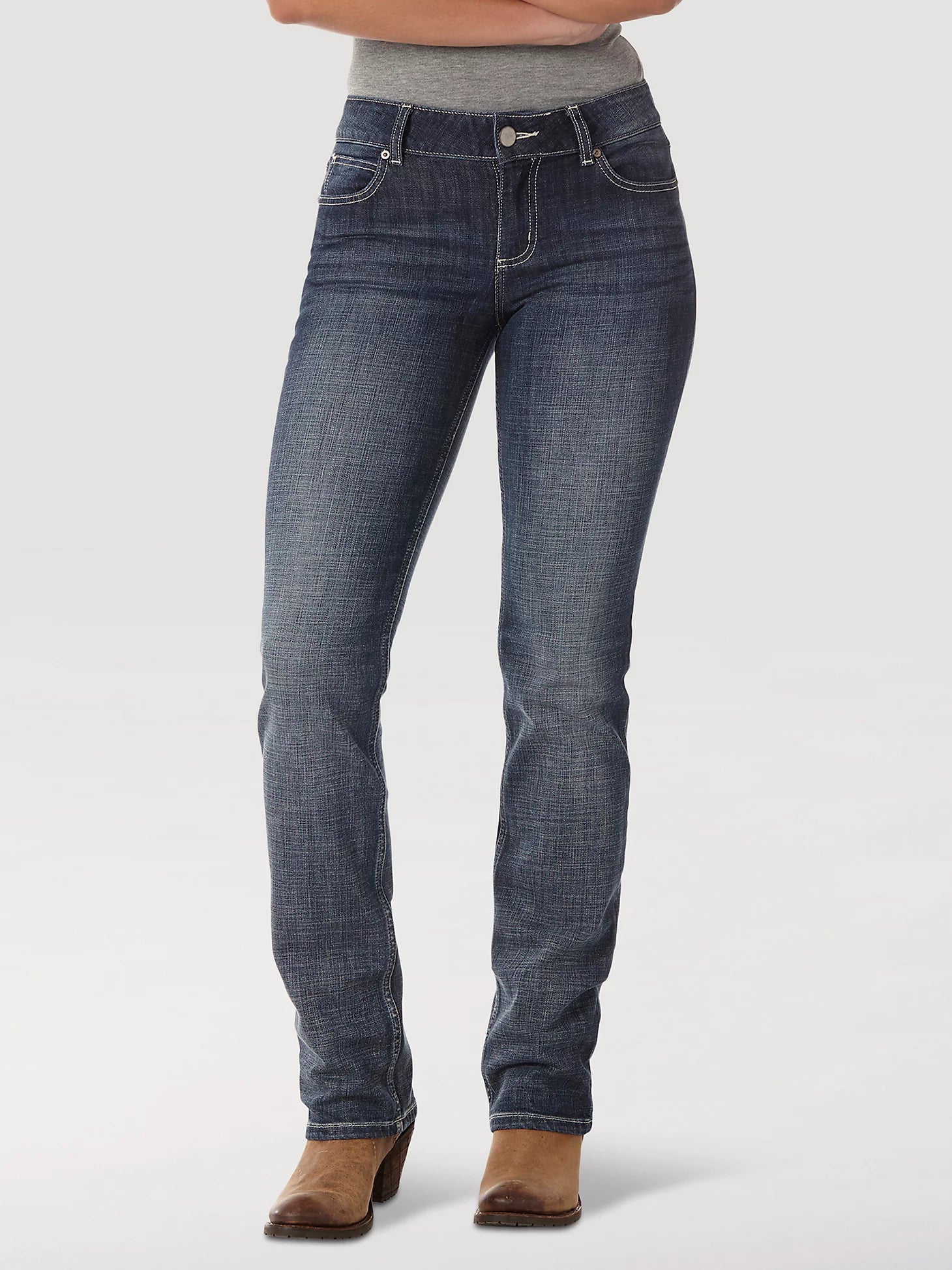 Women's Wrangler Essential Medium Wash Mid-Rise Straight Leg Jean CLOSEOUT. Front View showing scoop front pockets.