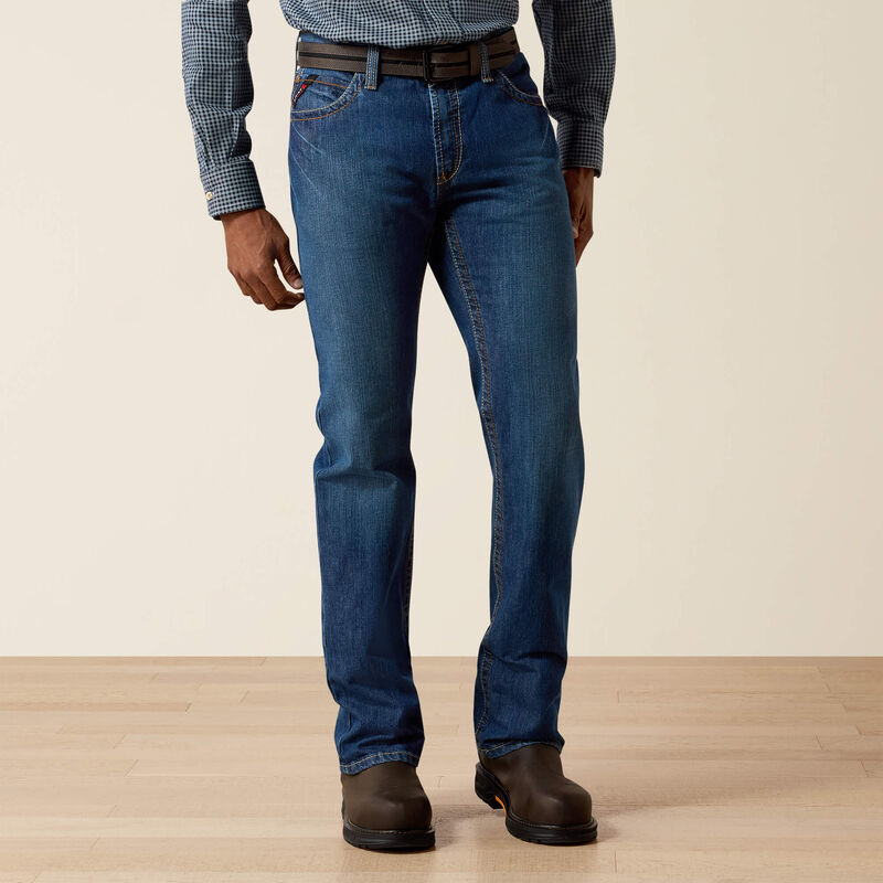 Men's Ariat Fr M4 relaxed fit boot cut jeans in a dark wash. Front View
