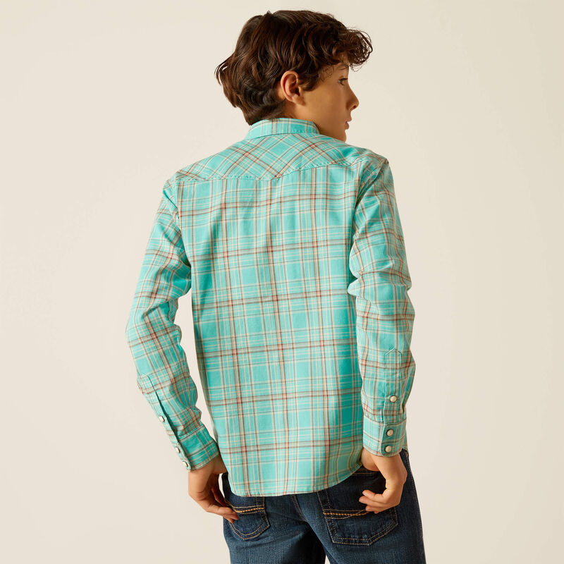 Boy's Ariat long sleeve retro snap shirt in Blue Turquoise. Rear view showing shirt untucked.