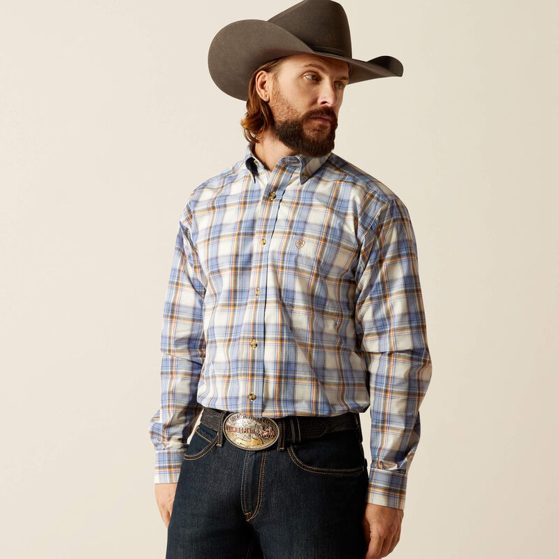 Men's Ariat Pro series long sleeve shirt in Blue Plaid. Front view showing shirt tucked in.