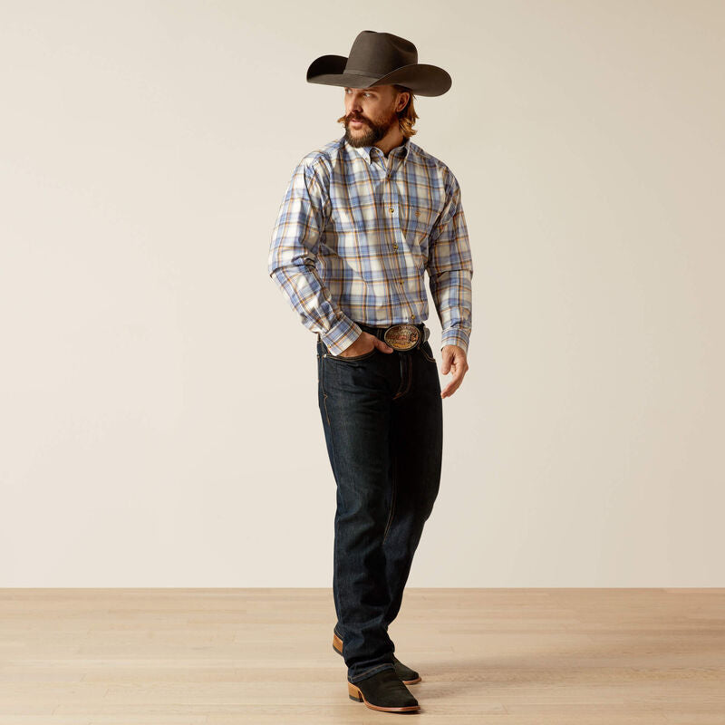 Men's Ariat Pro series long sleeve shirt in Blue Plaid. Full front view showing shirt tucked in.