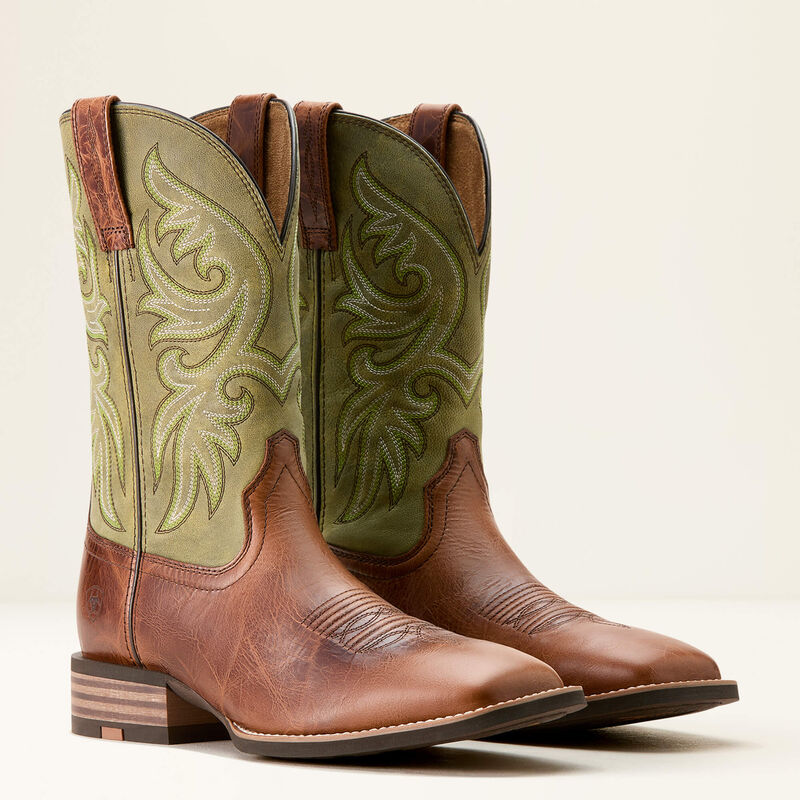 Mens Ariat Brown vamp and Green shaft square toe cowboy boot. Side view showing walking heel and pull straps that match vamp.