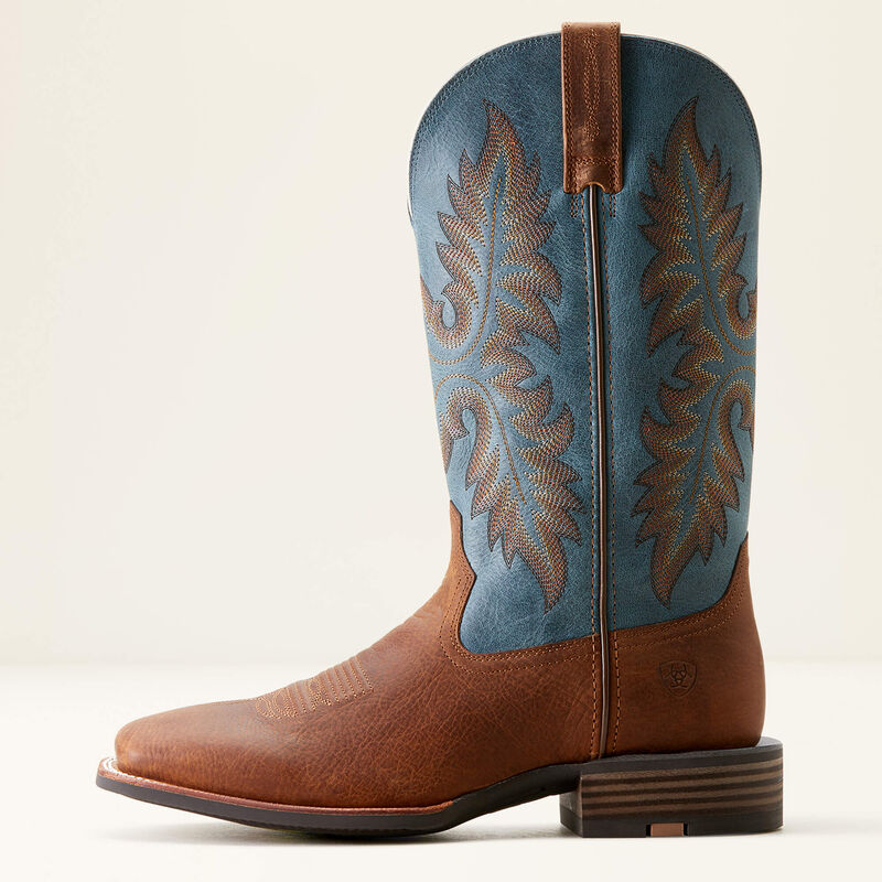 Mens Brown Ariat square toe cowboy boots with blue shaft and colorful outsole. Side view showing stitch pattern on shaft and pull straps that match vamp.