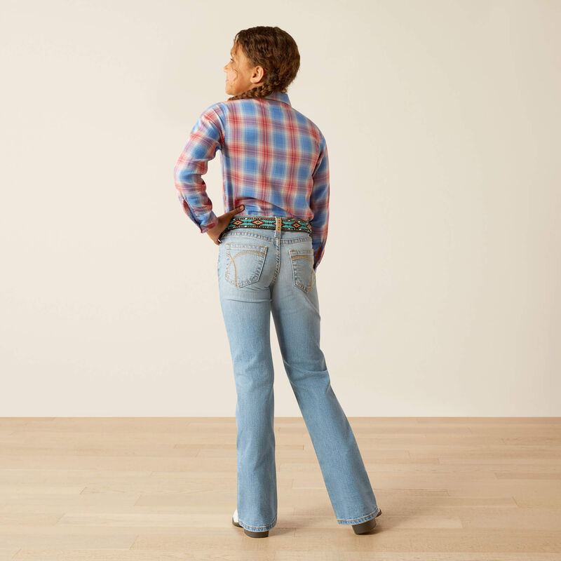 Ariat girls boot cut jean, in a light wash. Rear view