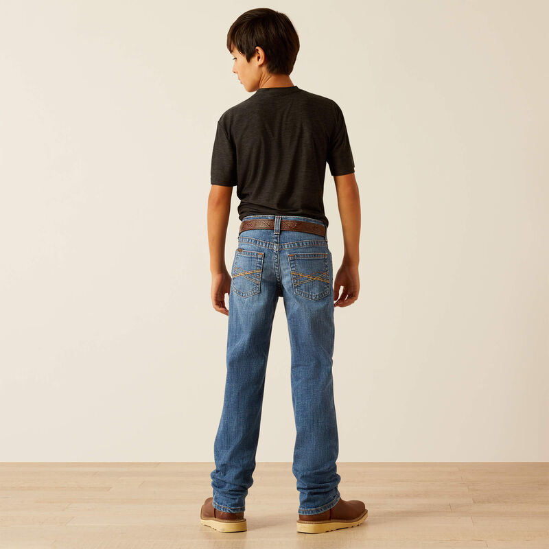 Boy's Ariat B5 slim straight jean. Rear view showing stitching on back pockets.