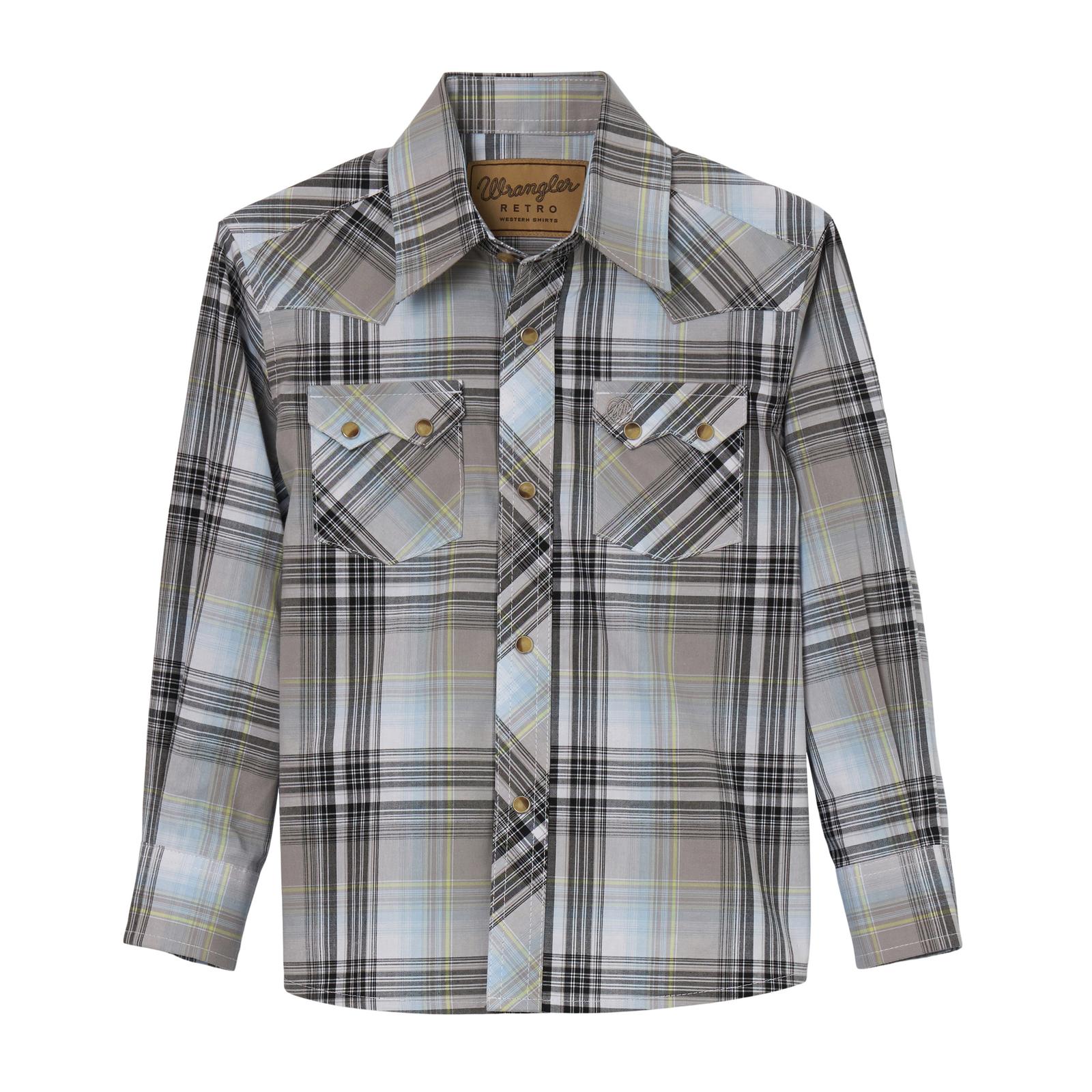 Boy's Wrangler 112344305 Retro Gray Plaid Western Snap Long Sleeve Shirt *CLOSEOUT*