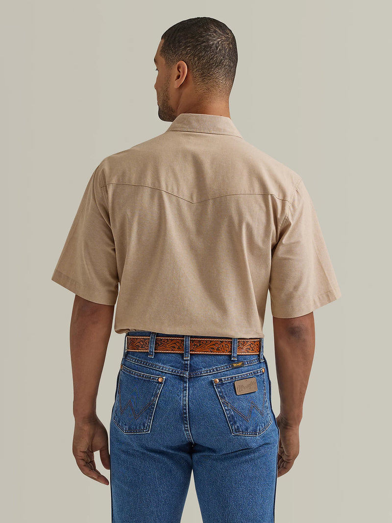 Men's Wrangler® 112344542 Western Short Sleeve Chambray Workshirt in Khaki (Also Big/Tall Sizes)