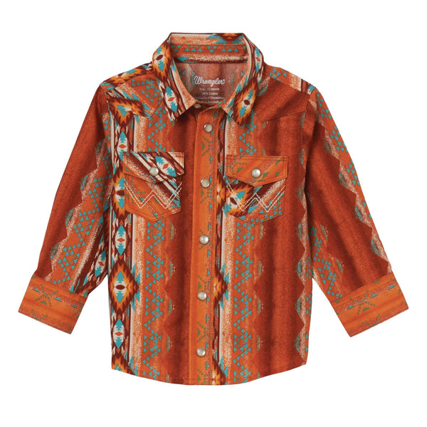 Baby/Toddler Boy's Wrangler 112344547 Rust Aztec Print Long Sleeve Snap Shirt