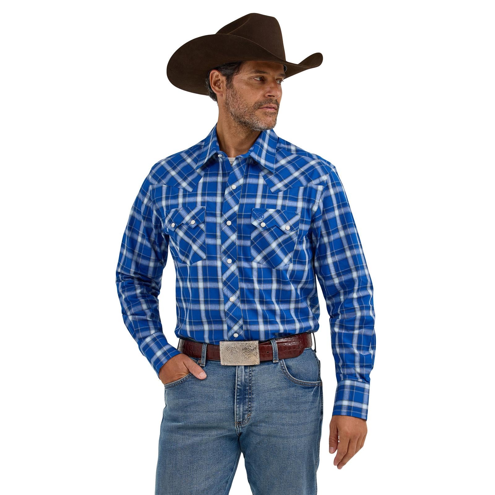 Men's Wrangler 112368078 Retro® Blue Plaid Long Sleeve Shirt - Modern Fit