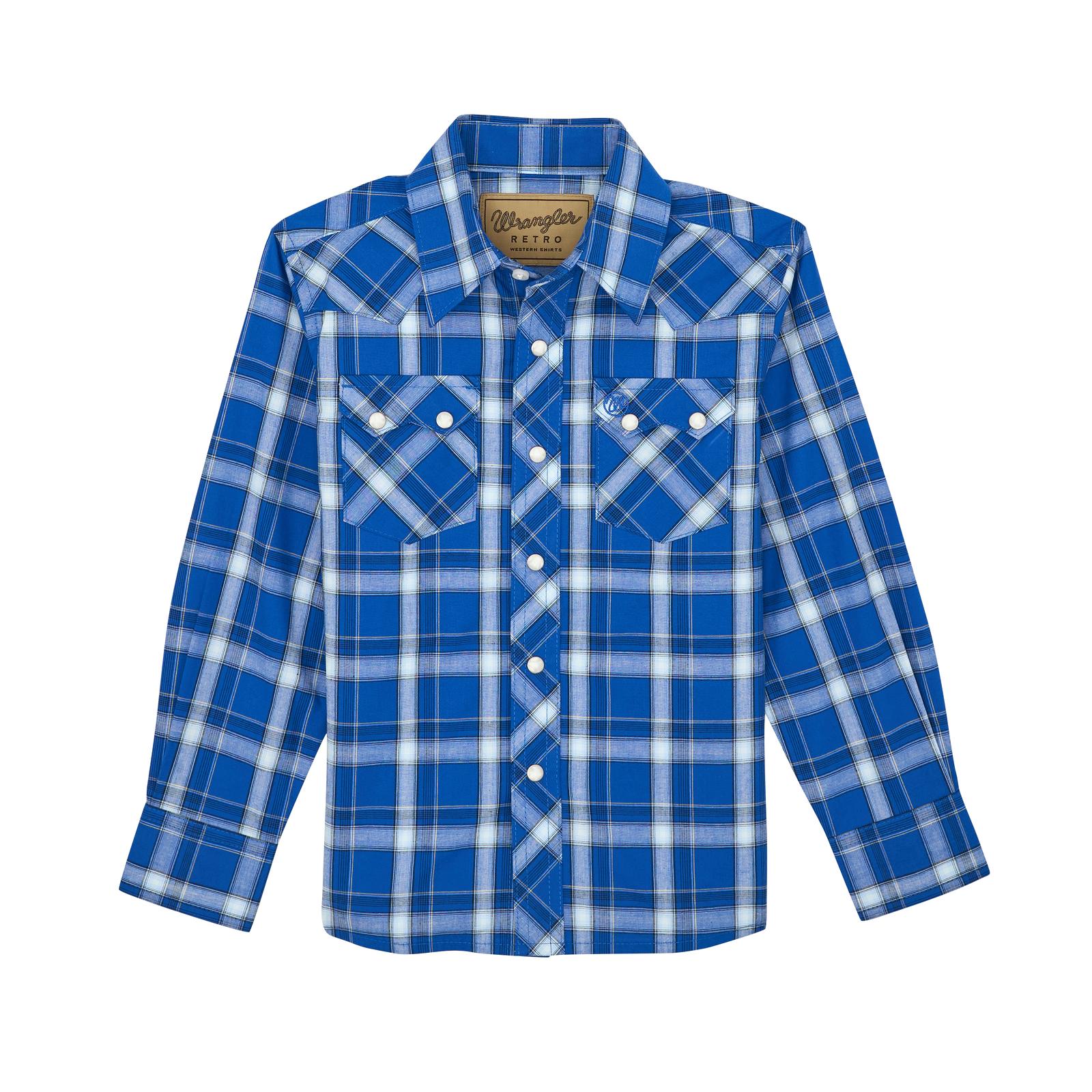 Wrangler Boy's Retro Snap Shirt, Blue Plaid, M