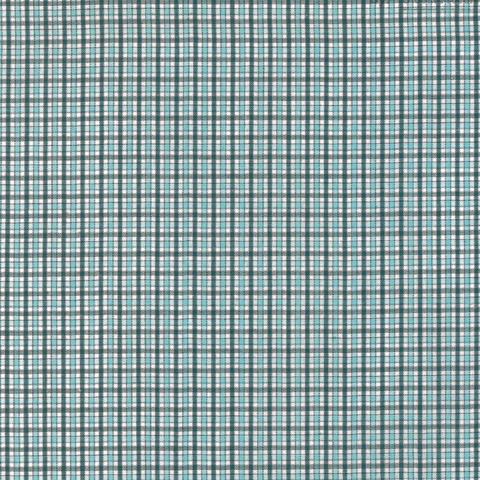 Men's Wrangler Riata® Short Sleeve Assorted Plaids Classic Fit Shirt fabric sample. Shows small plaid in dark green, aqua, and white.