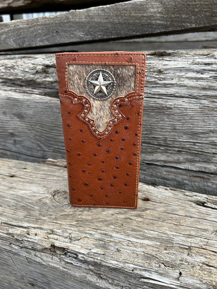 Brown Alligator print leather checkbook wallet with a cowhide inlay featuring a Star Concho. Front View