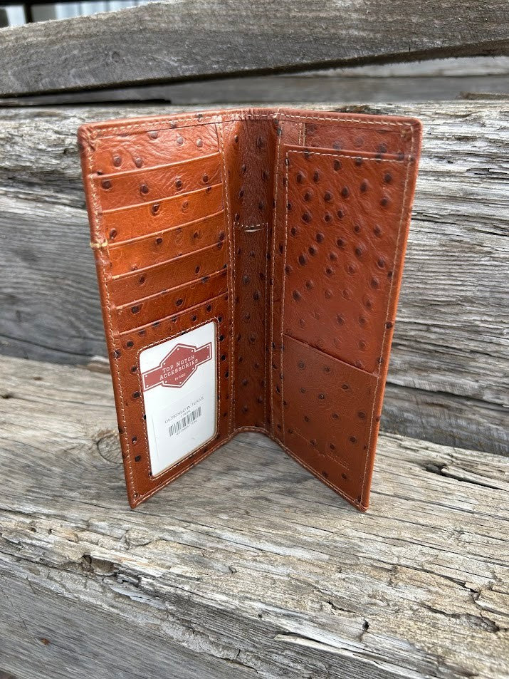 Brown Alligator print leather checkbook wallet with a cowhide inlay featuring a Star Concho. Inside view showing ID window, multiple card, cash slots, and a checkbook holder.