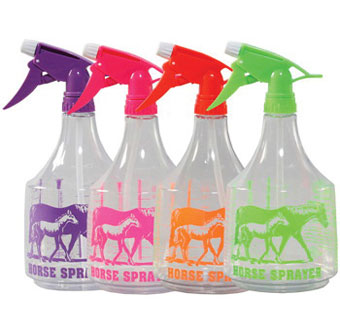 Tolco Model 300 clear Horse Spray Bottle 36 oz showing neon purple pink, orange, or green assorted graphic and matching trigger sprayer. Front view.