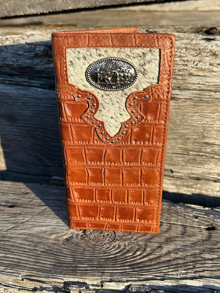 Brown alligator print leather checkbook wallet with a cowhide inlay featuring a Praying Cowboy Concho. Front View B