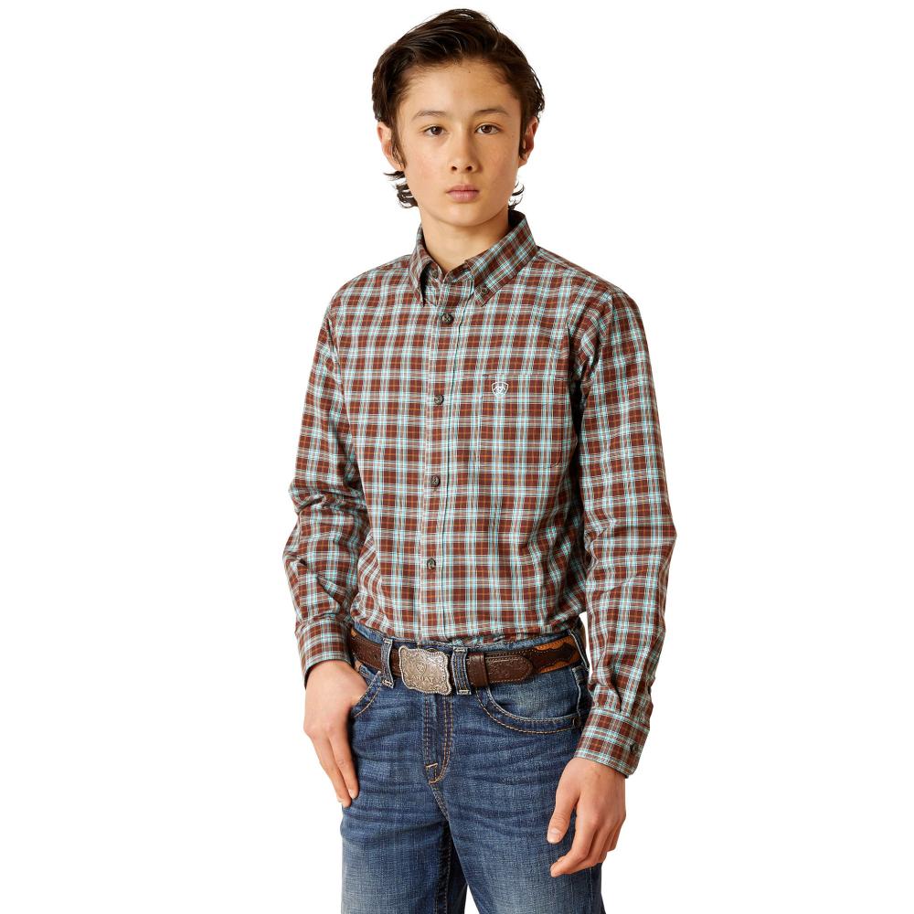 Boy's Ariat long sleeve shirt in Bitter Chocolate Plaid. Front view showing shirt tucked in.