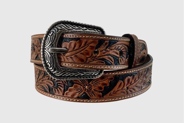 Children's brown tooled leather belt with floral patterns and a silver finish buckle.
