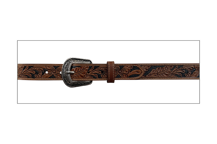 A flat view of a Children's brown tooled leather belt with floral patterns and a silver finish buckle.