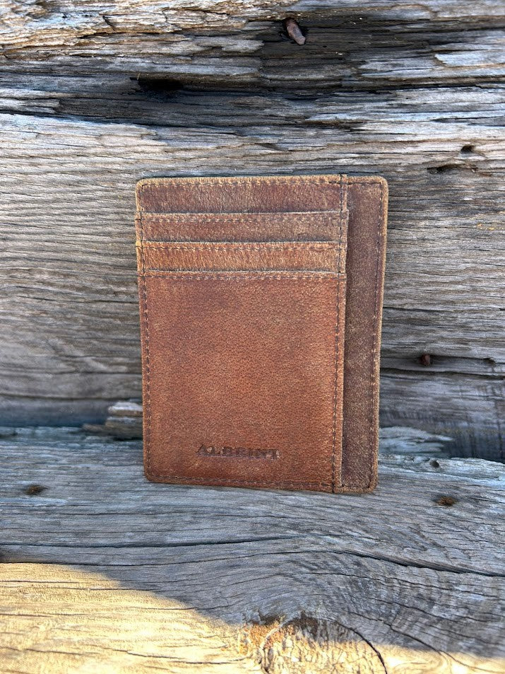 Brown distressed crazy horse leather front pocket wallet with six card slots and a ID window. This wallet has RFID blocking.