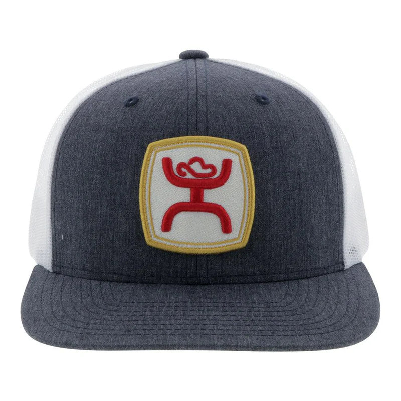 Grey and White snapback cap with Red and Gold Hooey logo patch. Front View
