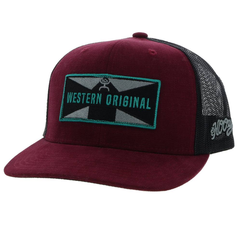 Hooey Maroon trucker hat with 'Western Original' patch. Front View