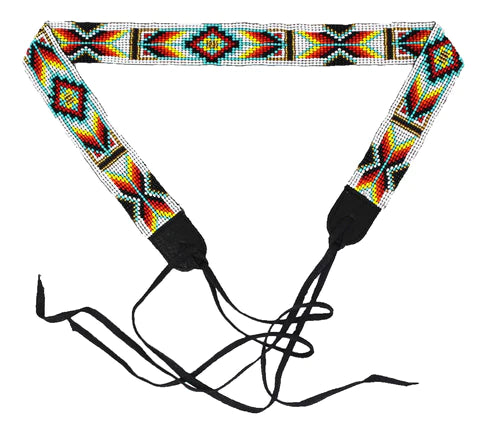 Turquoise, Red, Yellow, and White geometric design beaded hat band, fully adjustable with tie ends.