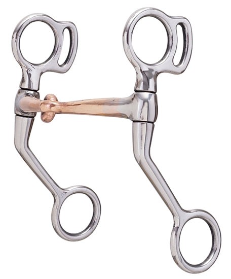 Stainless steel Tom Thumb style snaffle bit with copper plate mouth. Angled shanks.