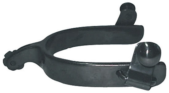 Women's black steel short-shank roping spur with rosebud rowel.