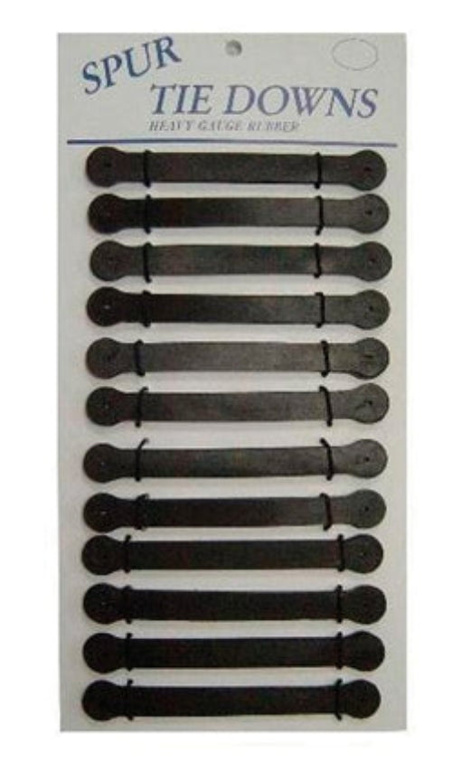 Card of straight black rubber spur tie downs that are sold in pairs. Each end has a slit cut for attaching spur to tie down placed under boot in front of the heel.