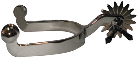 Nickel plated malleable iron spur with a 1/2 inch band and a 1-3/4 inch 16-point rowel with jingle bobs.