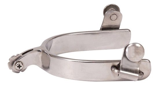 A pair of men's short shank roper spurs in stainless steel with a 3/4 inch band and a 1 inch shank, featuring a 3/4 inch rosebud rowel.