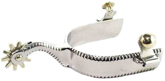 A stainless steel spur with a 1-inch band, 2-1/4-inch shank, and 10-point rowels.