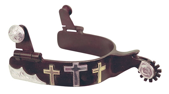 Closeup of men's antique brown steel spur with three decorative German silver crosses. German silver accents also on buttons, bands, and rowel covers.