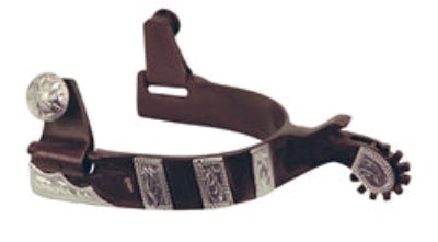 American Heritage Equine women's antique brown spur featuring hand engraved German Silver bars and plate on shaft, shank, and buttons. Has brown 12-point blunt tipped rowel.