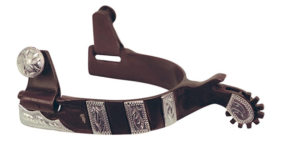 American Heritage Equine men's antique brown spur featuring hand engraved German Silver bars and plate on shaft, shank, and buttons. Has brown 12-point blunt tipped rowel.