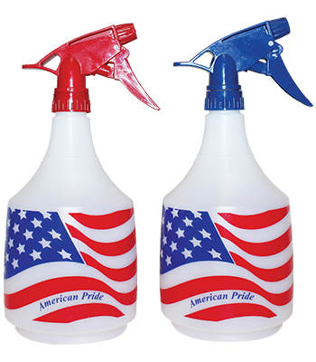 Tolco Model 300 white Horse Spray Bottle 36 oz showing waving American Flag graphic and red or blue trigger sprayer. Front view.