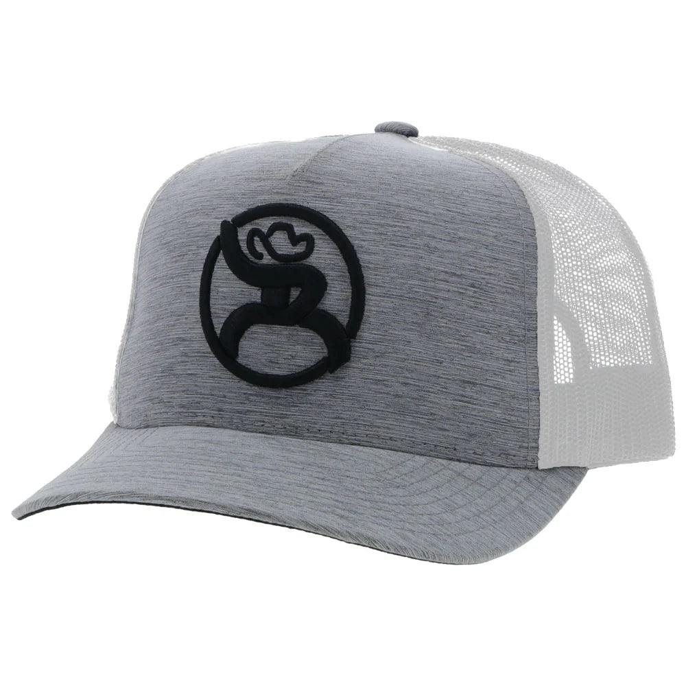 Hooey grey snapback trucker cap with a white mesh back and a black Roughy logo on the front. Front View