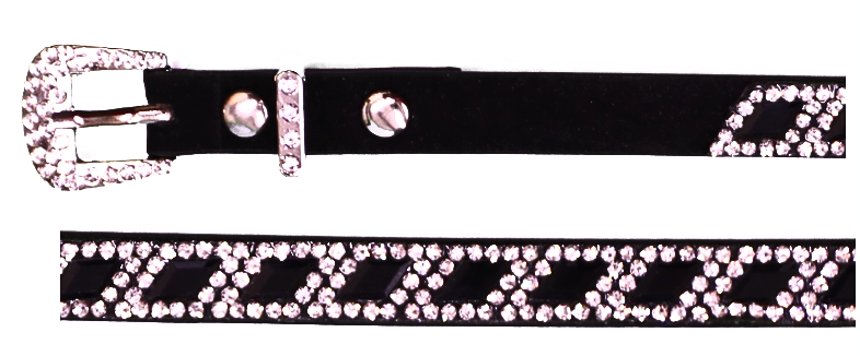 Black leather hat band with diamond shaped crystals and a crystal buckle closure.