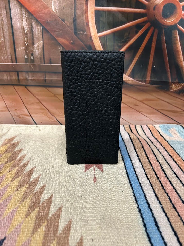 Black pebbled leather tall wallet. Front View