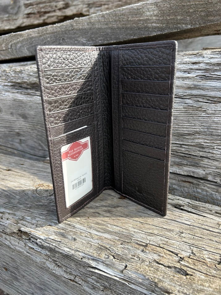 Coffee Brown pebbled leather tall wallet. Inside view showing ID window, multiple card slots, and cash slots.