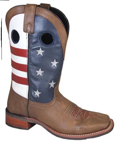 A men's square-toe boot with a brown distressed foot and stars and stripes pattern on top, predominantly red, white, and blue, indicating an American flag design.