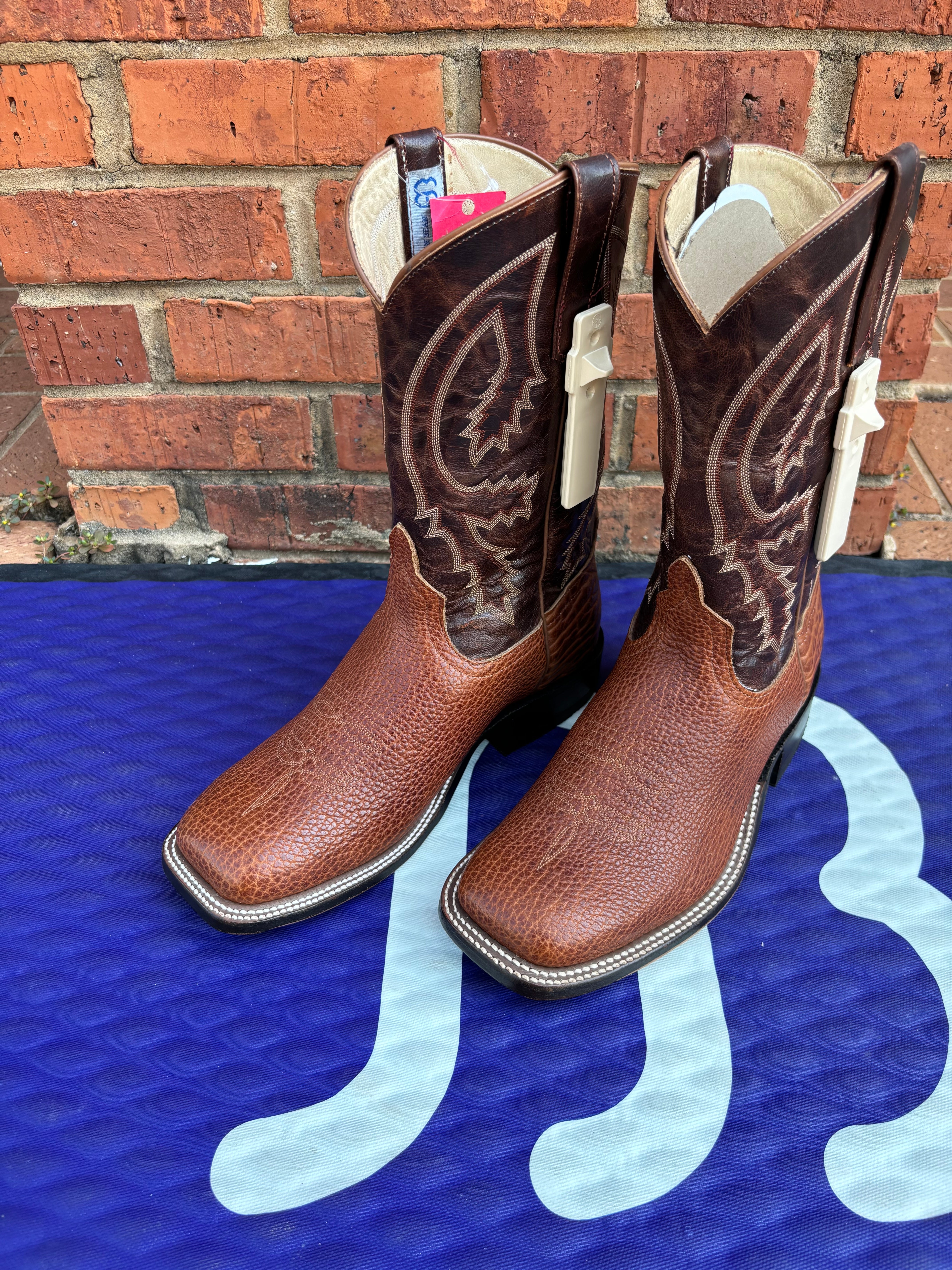 Men's Anderson Bean square toe boots in Rust Shrunken Bison with Brass Explosion shafts. Side View showing stitch pattern on shafts.