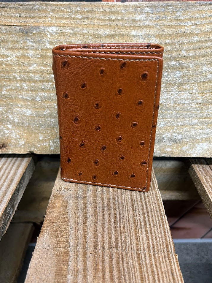 Ostrich print brown leather trifold wallet from Top Notch Accessories. Front View