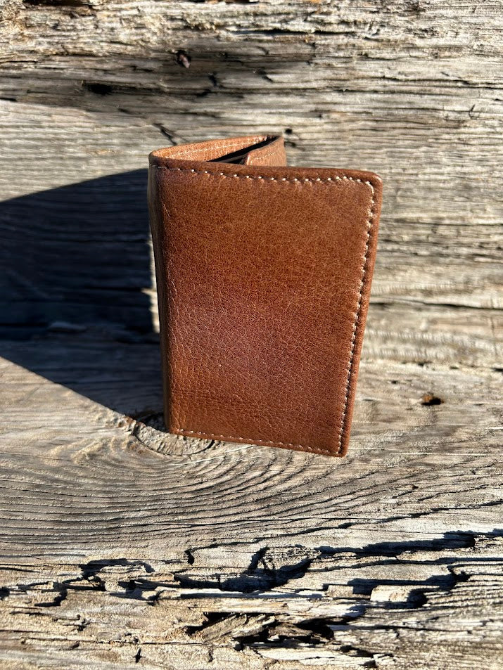 Top Notch Accessories Coffee Brown leather trifold wallet. Front View