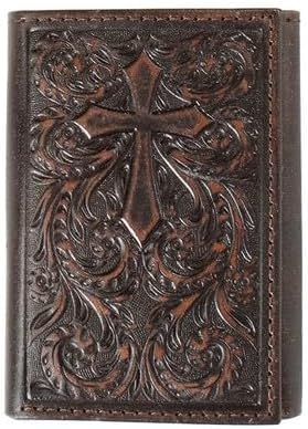 Men's brown leather tri-fold wallet from Nocona. Featuring a embossed cross and scroll work pattern.