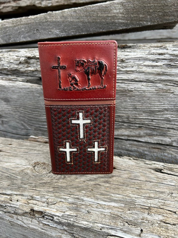 Brown leather tall wallet with embossed Praying Cowboy design on top of a basketweave leather bottom with three cowhide inlay crosses. Front View B