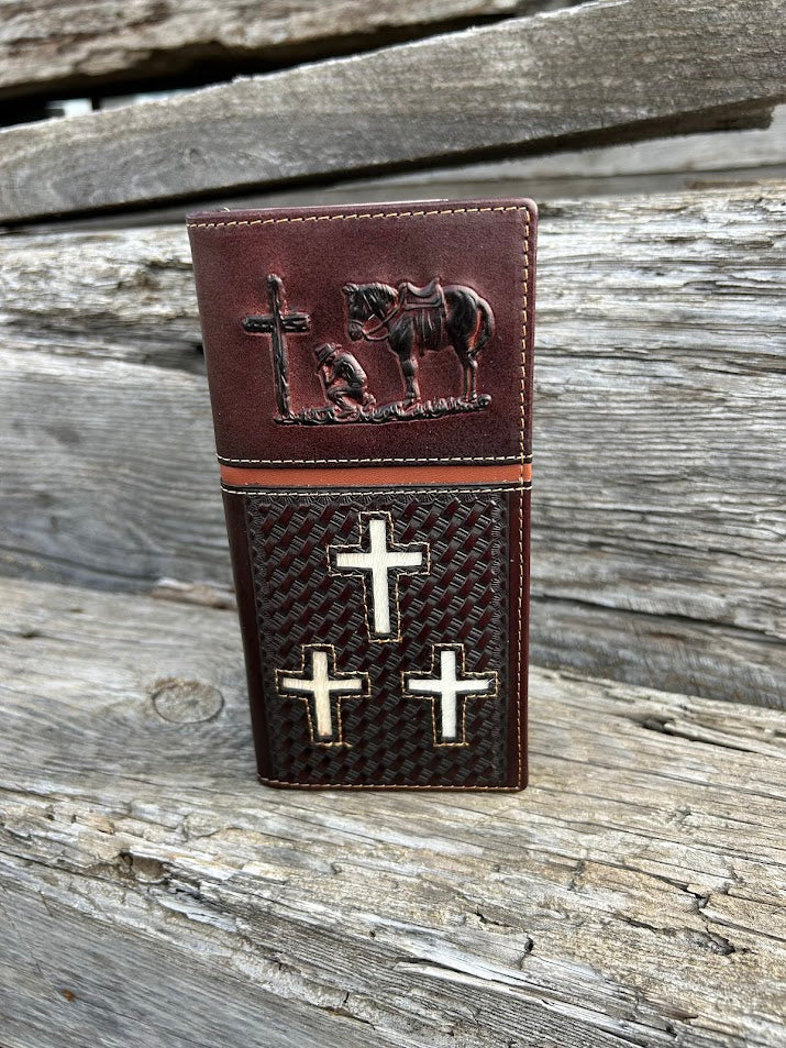 Coffee Brown leather tall wallet with an embossed praying cowboy design on top, and the bottom is basket weave featuring three cowhide inlay crosses. Front View