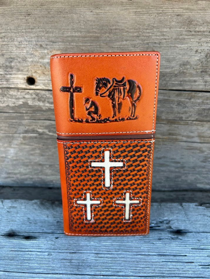 Light brown basketweave leather tall wallet with a embossed Praying Cowboy design on the top and three cowhide inlay crosses on the bottom. Front View A